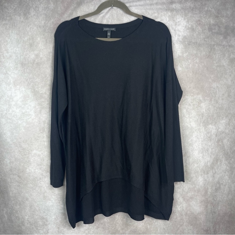 Eileen Fisher Cotton Silk Knit Round Hem Sweater In Black Women's Sz S Oversized